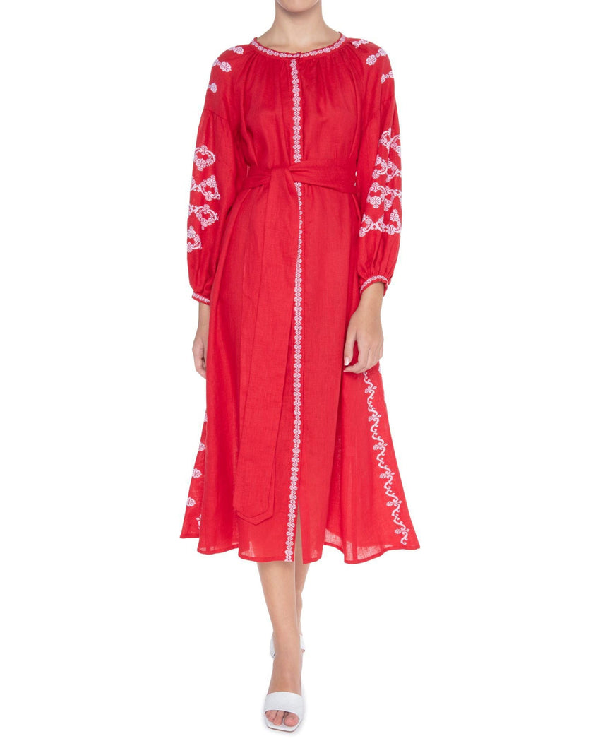 Scarlet Red Hand-Embroidered Cross-Stitch Linen Kaftan Maxi Dress with Button Closure