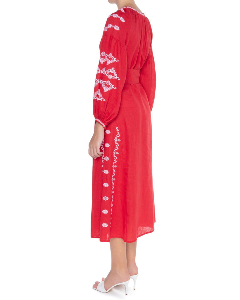 Scarlet Red Hand-Embroidered Cross-Stitch Linen Kaftan Maxi Dress with Button Closure
