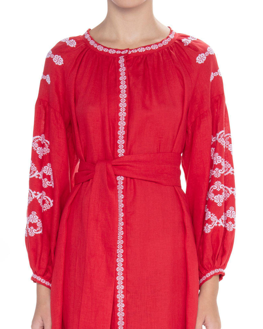 Scarlet Red Hand-Embroidered Cross-Stitch Linen Kaftan Maxi Dress with Button Closure