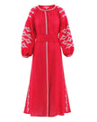 Scarlet Red Embroidered Linen Maxi Dress – Balloon Sleeves