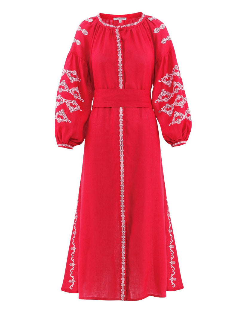 Scarlet Red Hand-Embroidered Cross-Stitch Linen Kaftan Maxi Dress with Button Closure