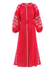 Scarlet Red Embroidered Linen Maxi Dress – Balloon Sleeves