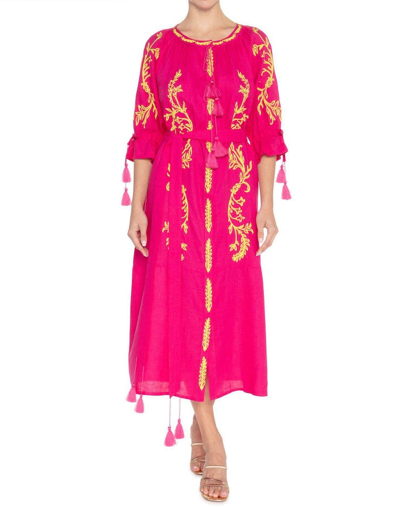 Fuchsia Yellow Floral Embroidered Linen Kaftan Midi Dress