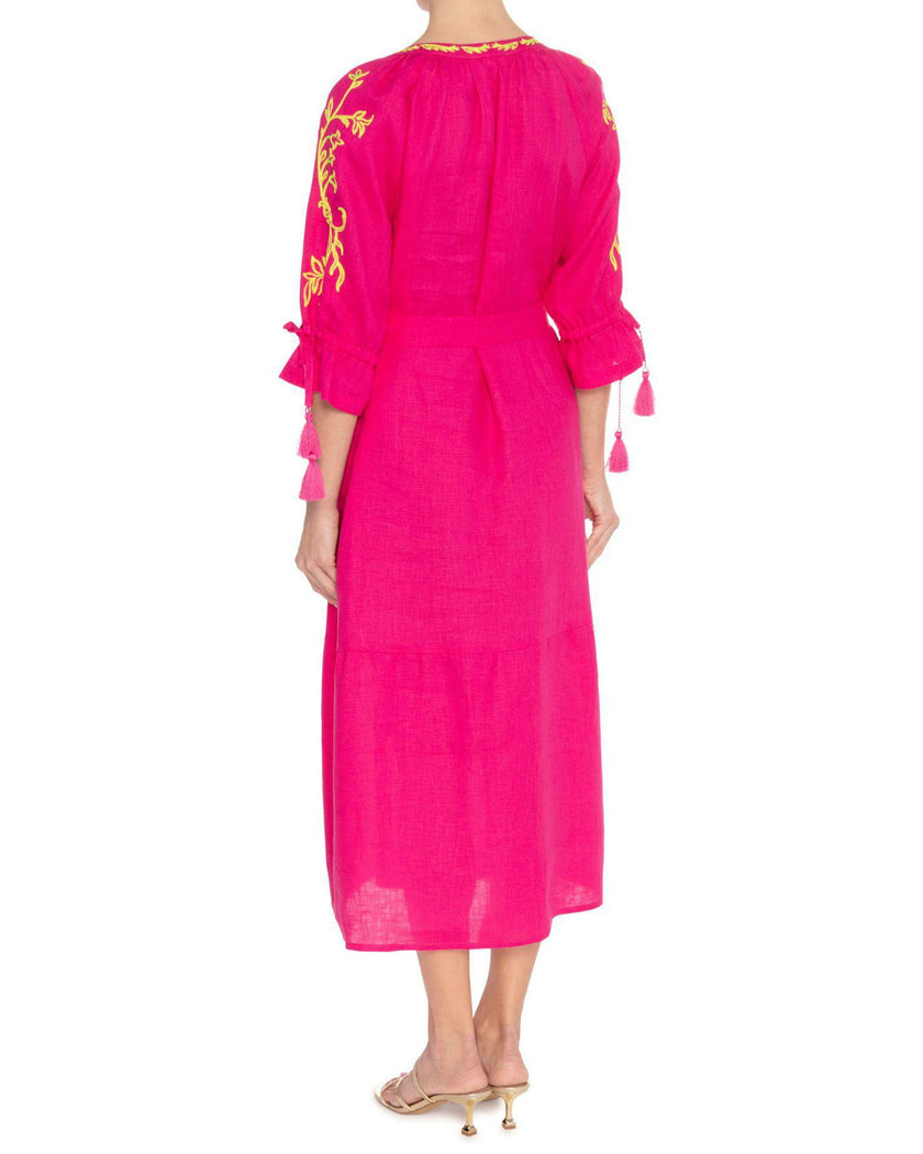 Fuchsia Yellow Floral Embroidered Linen Kaftan Midi Dress