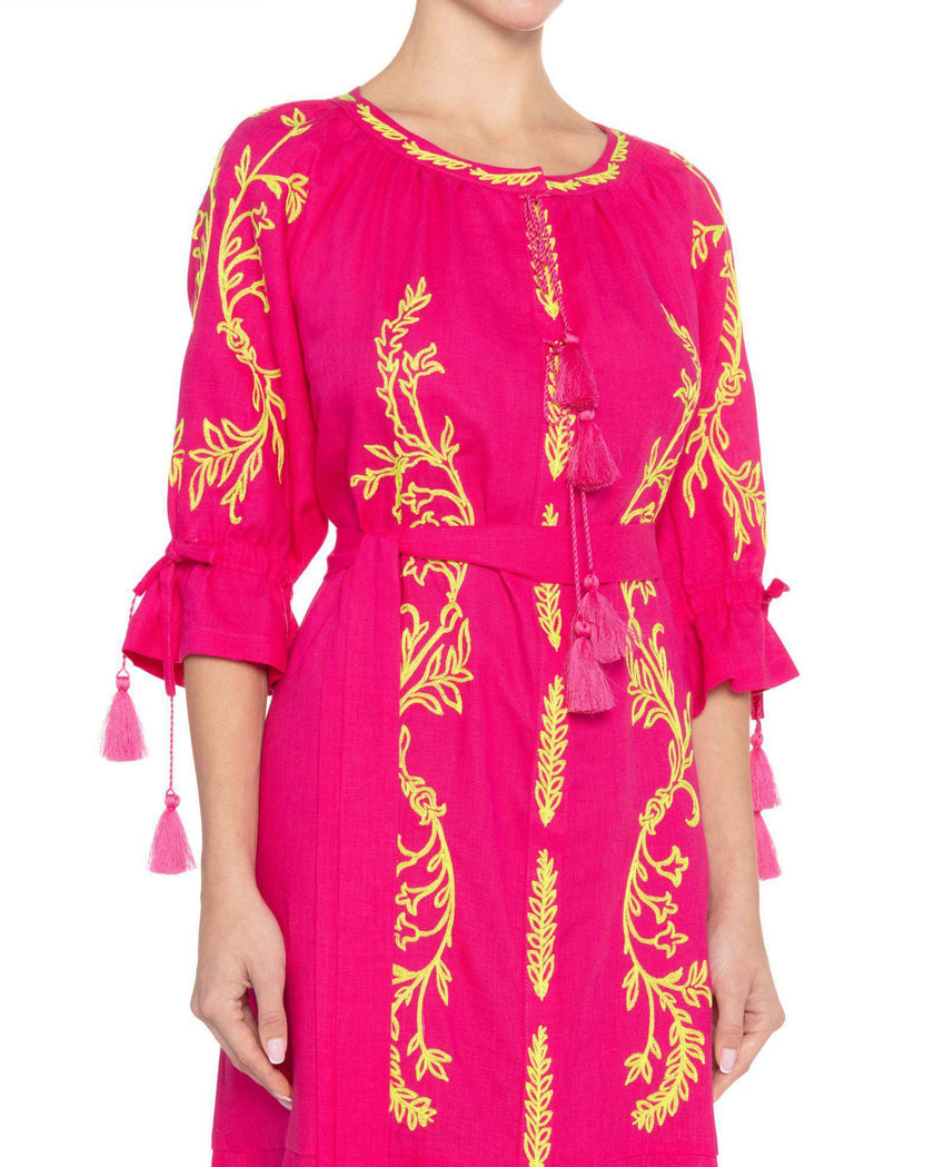 Fuchsia Yellow Floral Embroidered Linen Kaftan Midi Dress