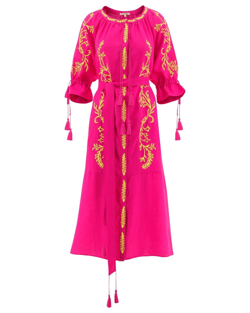 Fuchsia Embroidered Linen Maxi Dress | ZALXNDRA