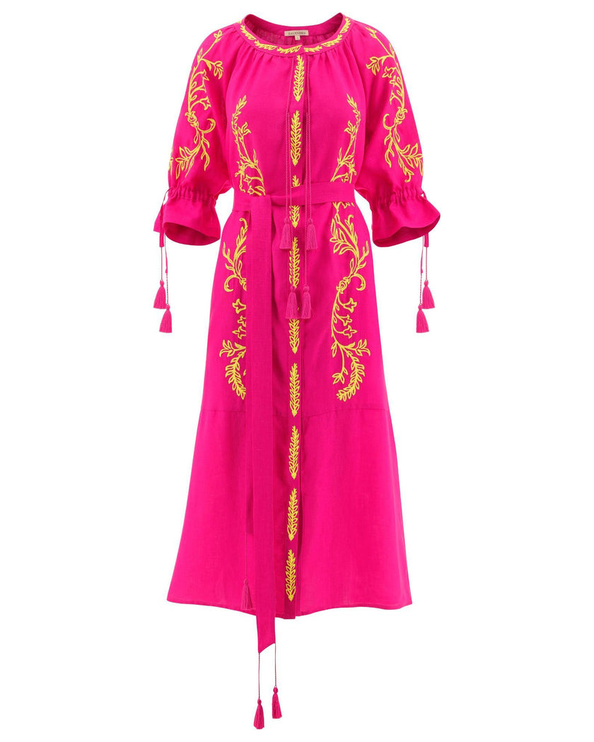 Fuchsia Yellow Floral Embroidered Linen Kaftan Midi Dress