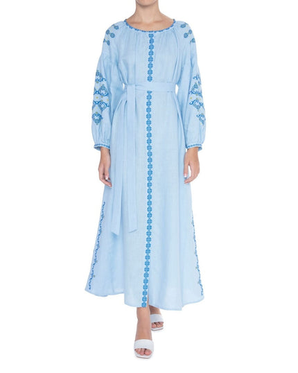 Baby Blue Embroidered Linen Maxi Dress – Balloon Sleeves