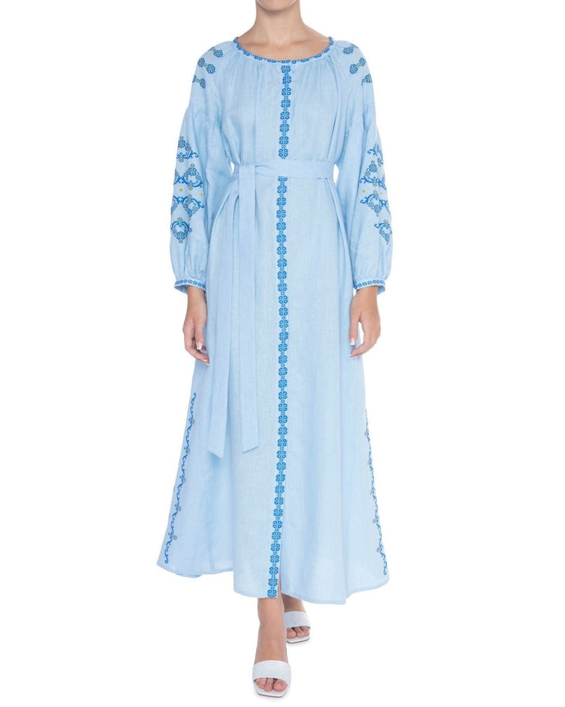 Baby Blue Hand-Embroidered Cross-Stitch Linen Kaftan Maxi Dress with Button Closure