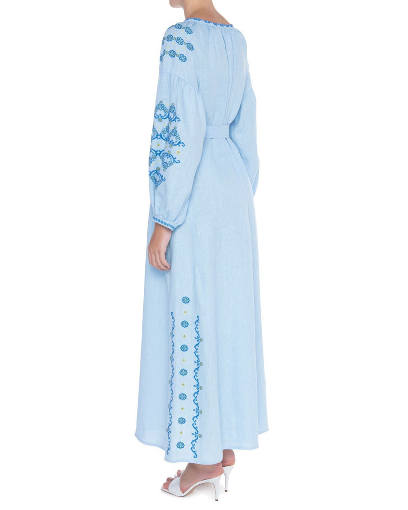 Baby Blue Hand-Embroidered Cross-Stitch Linen Kaftan Maxi Dress with Button Closure