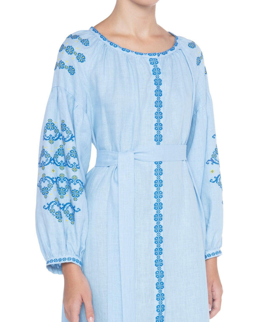 Baby Blue Hand-Embroidered Cross-Stitch Linen Kaftan Maxi Dress with Button Closure