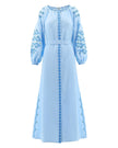 Baby Blue Embroidered Linen Maxi Dress – Balloon Sleeves