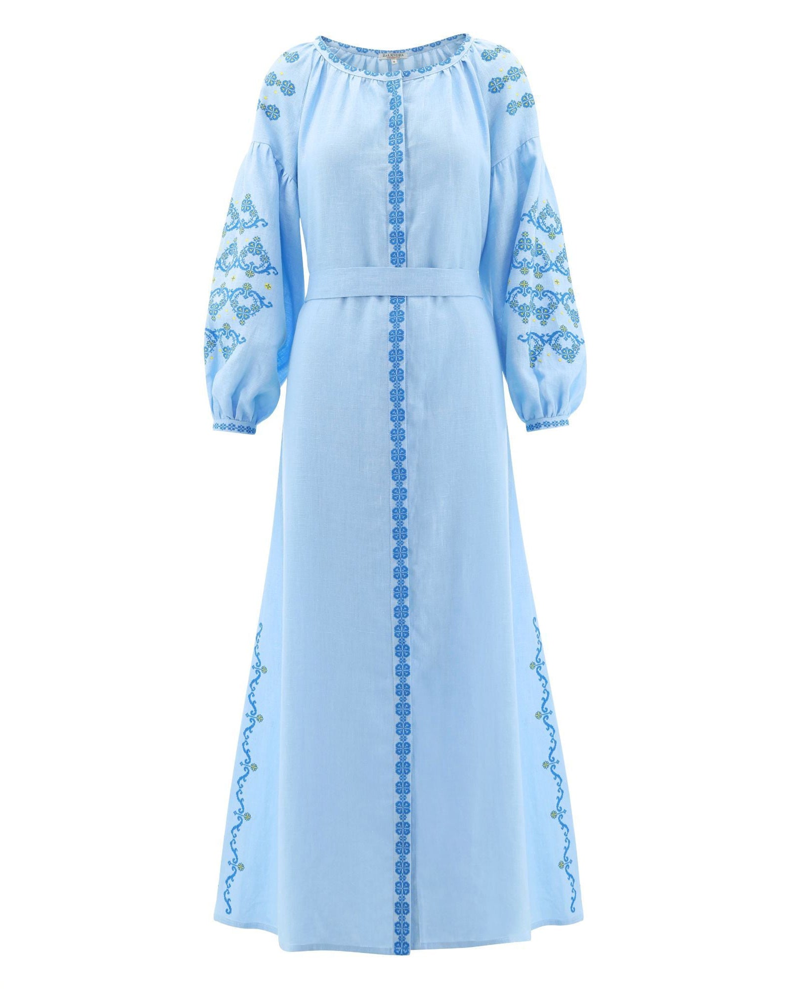 Baby Blue Embroidered Linen Maxi Dress – Balloon Sleeves