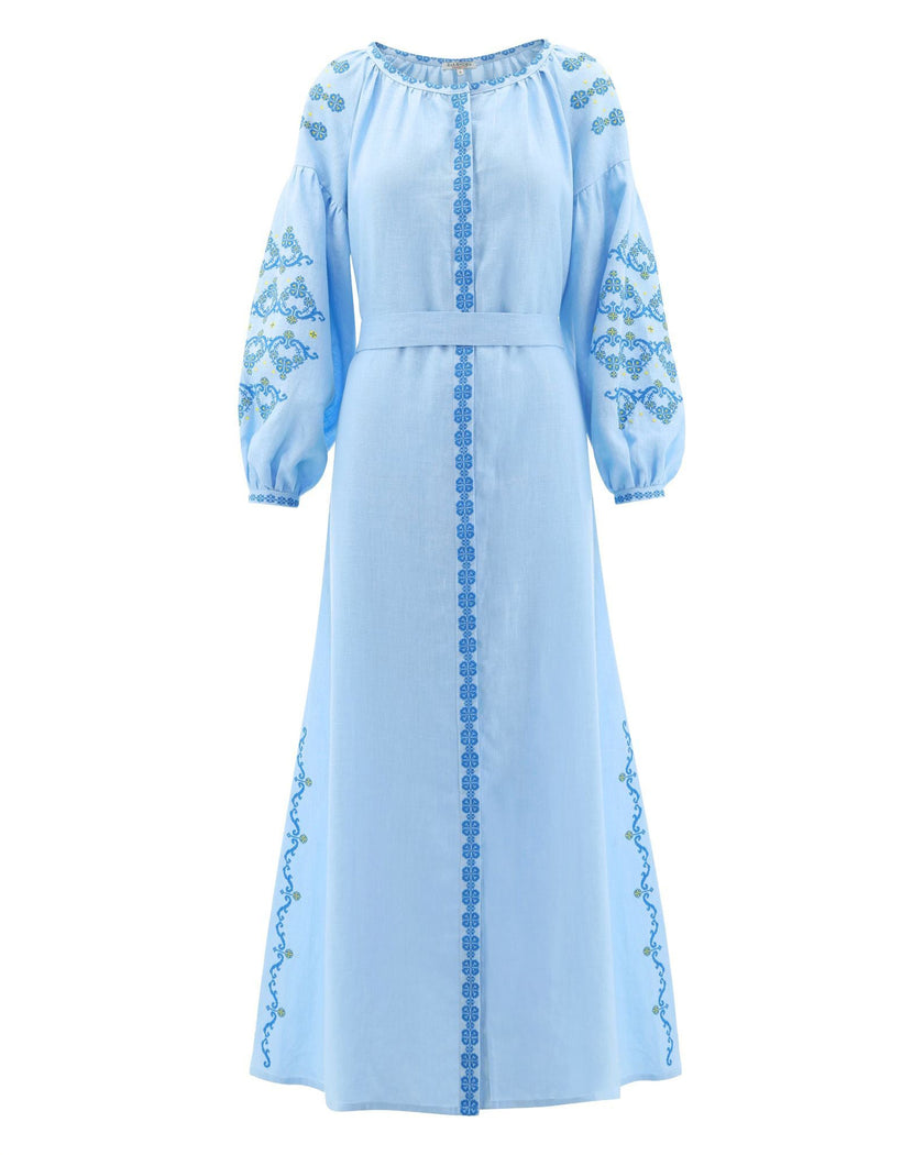 Baby Blue Hand-Embroidered Cross-Stitch Linen Kaftan Maxi Dress with Button Closure