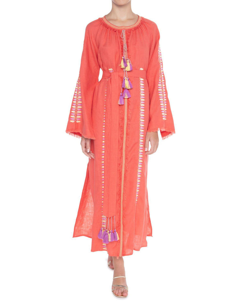 Coral Embroidered Linen Maxi Dress | ZALXNDRA