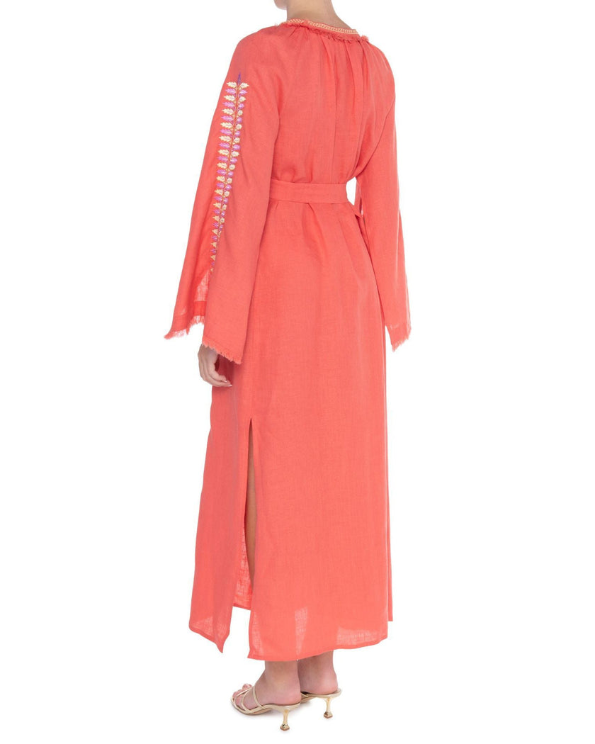 Coral Embroidered Linen Maxi Dress | ZALXNDRA