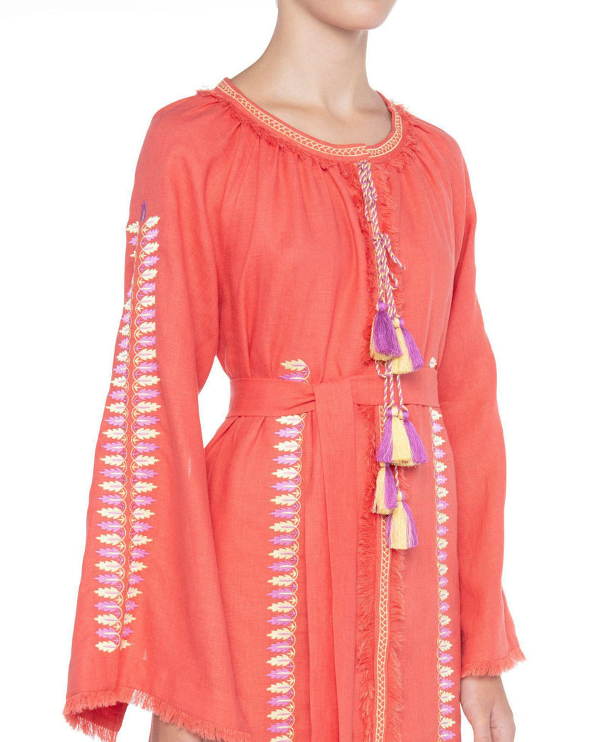 Coral Embroidered Linen Maxi Dress | ZALXNDRA