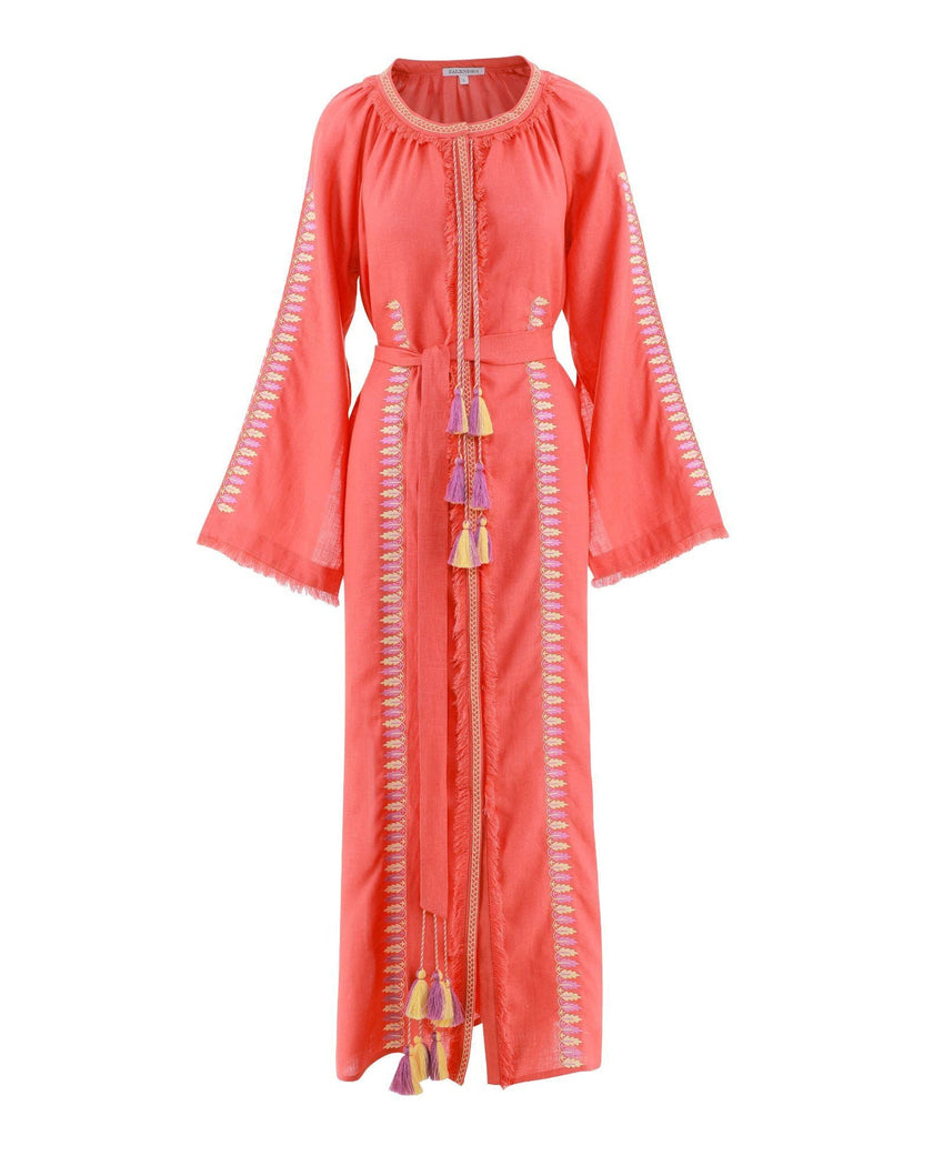 Coral Embroidered Linen Maxi Dress | ZALXNDRA