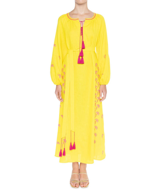 Lemon Yellow Embroidered Linen Maxi Dress – Balloon Sleeves
