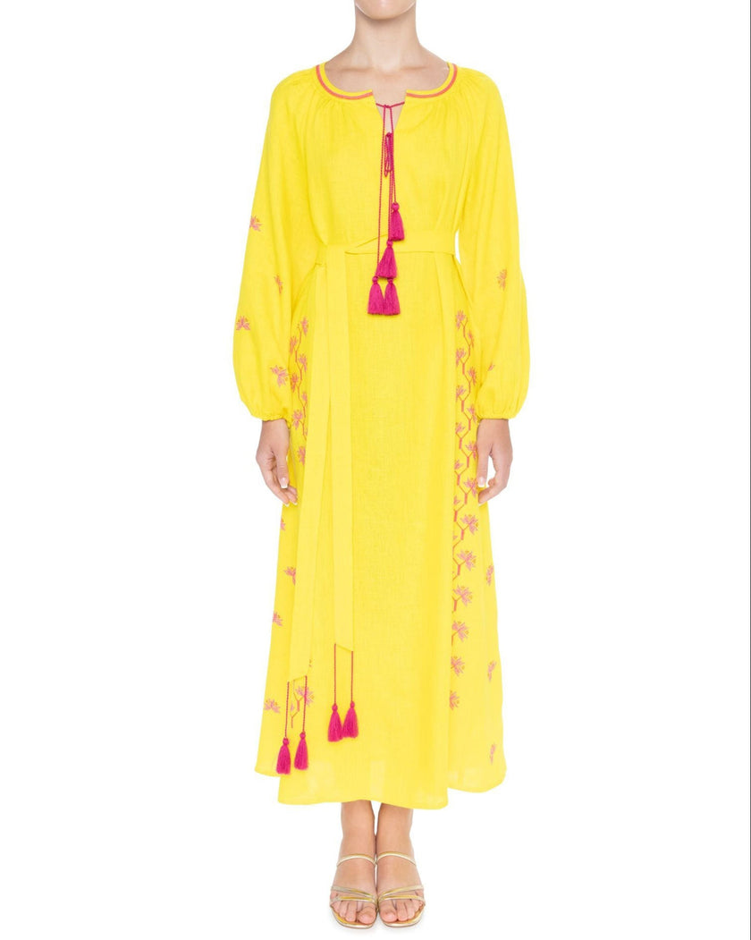 Yellow Pink Floral Embroidered Linen Kaftan Maxi Dress