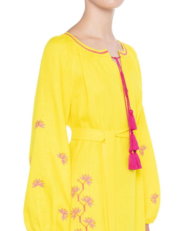Lemon Yellow Embroidered Linen Maxi Dress – Balloon Sleeves