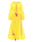 Lemon Yellow Embroidered Linen Maxi Dress – Balloon Sleeves