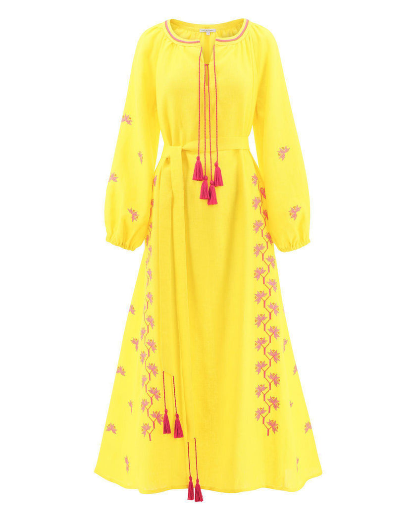 Yellow Pink Floral Embroidered Linen Kaftan Maxi Dress