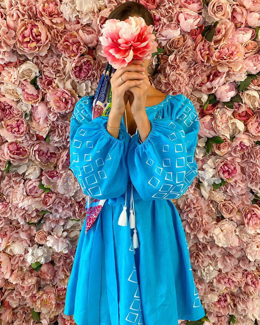 Turquoise Embroidered Linen Mini Dress – Balloon Sleeves