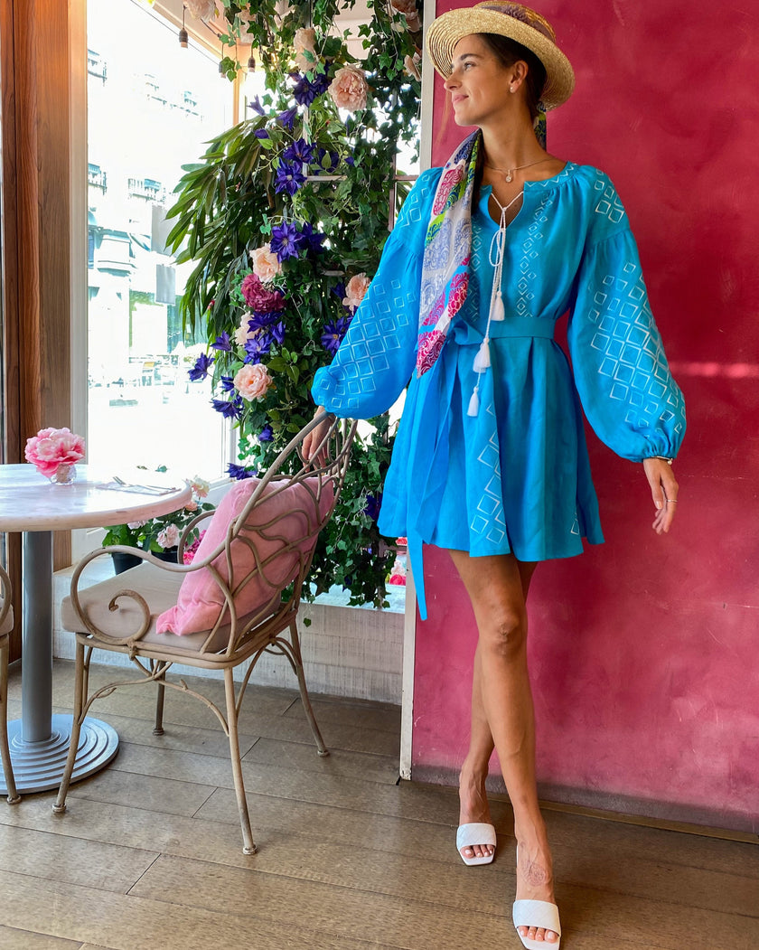 Turquoise White Geometric Embroidered Linen Mini Kaftan Dress