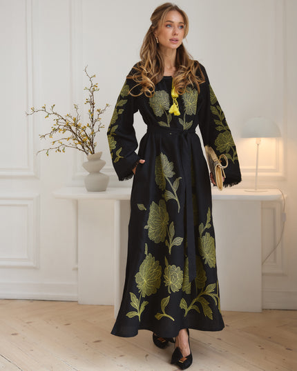 Black linen kaftan maxi dress with gold floral embroidery, angel sleeves, and tassel tie - Zalxndra Resort