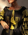 Black linen kaftan maxi dress with gold geometric embroidery, balloon sleeves and gold tassel ties, embroidery detail view - Zalxndra Resort
