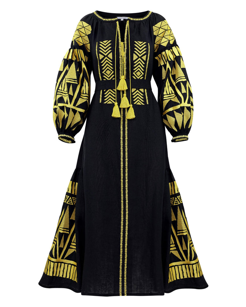 Black linen kaftan maxi dress with gold geometric embroidery, balloon sleeves and gold tassel ties, front view - Zalxndra Resort