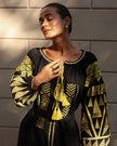 Black linen kaftan maxi dress with gold geometric embroidery, balloon sleeves and gold tassel ties, portrait view - Zalxndra Resort