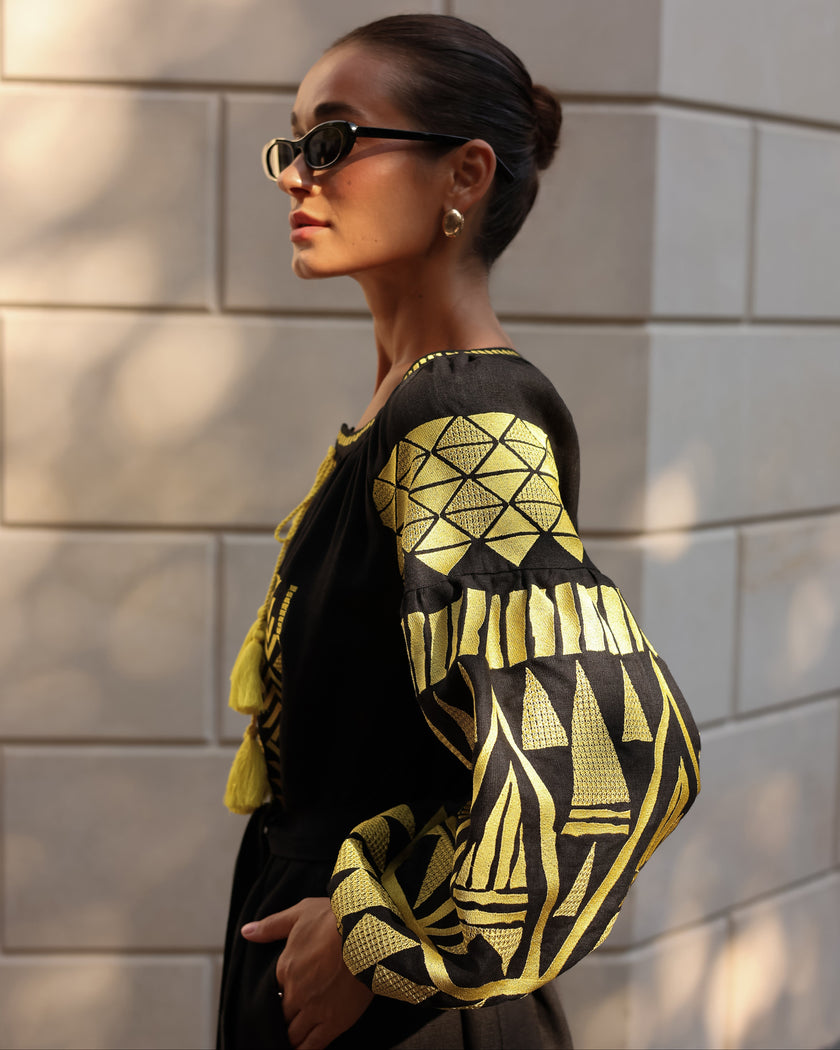 Black linen kaftan maxi dress with gold geometric embroidery and balloon sleeves, sleeve detail view - Zalxndra Resort