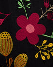 Macro close-up of multi-color floral embroidery detail and linen weave texture on Zalxndra Resort kaftan dress