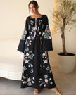 Black linen kaftan maxi dress with pastel floral embroidery and lilac tassel ties - Zalxndra Resort