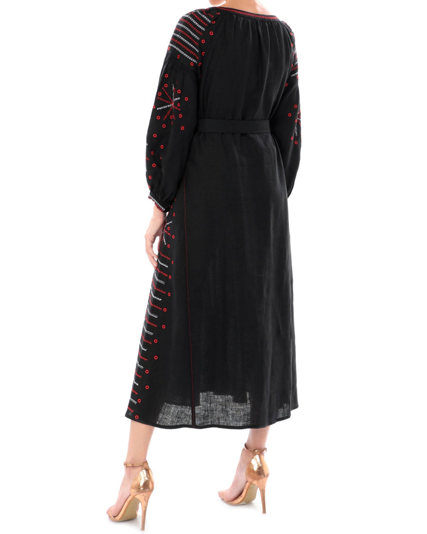 Black linen kaftan maxi dress with red and white geometric embroidery and balloon sleeves, back view - Zalxndra Resort