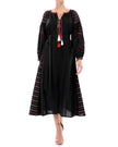 Black linen kaftan maxi dress with red geometric embroidery, balloon sleeves, tassel tie neckline and self-tie belt, front view - Zalxndra Resort