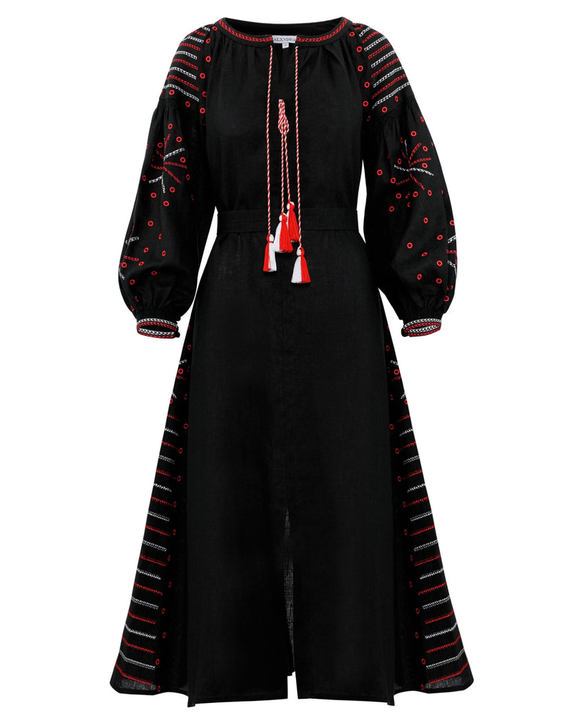 Black linen kaftan maxi dress with red and white geometric embroidery, balloon sleeves, red and white tassel ties and front slit, full length view - Zalxndra Resort