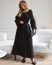 Black linen kaftan maxi dress with tonal floral embroidery, angel sleeves, and tassel tie - Zalxndra Resort