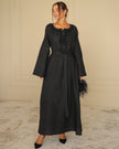 Black linen kaftan maxi dress with tonal black floral embroidery and tassel ties - Zalxndra Resort