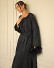 Black linen kaftan maxi dress with tonal floral embroidery styled with feather clutch - Zalxndra Resort