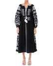 Black linen kaftan maxi dress with white geometric embroidery, balloon sleeves, tassel tie neckline and self-tie belt, front view - Zalxndra Resort