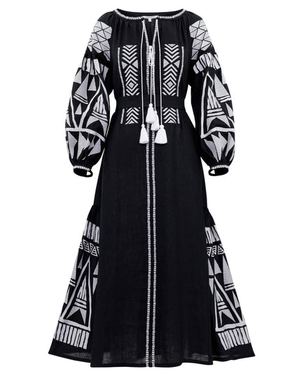 Black linen kaftan maxi dress with white geometric embroidery, balloon sleeves, tassel ties and self-tie belt, full-length view - Zalxndra Resort