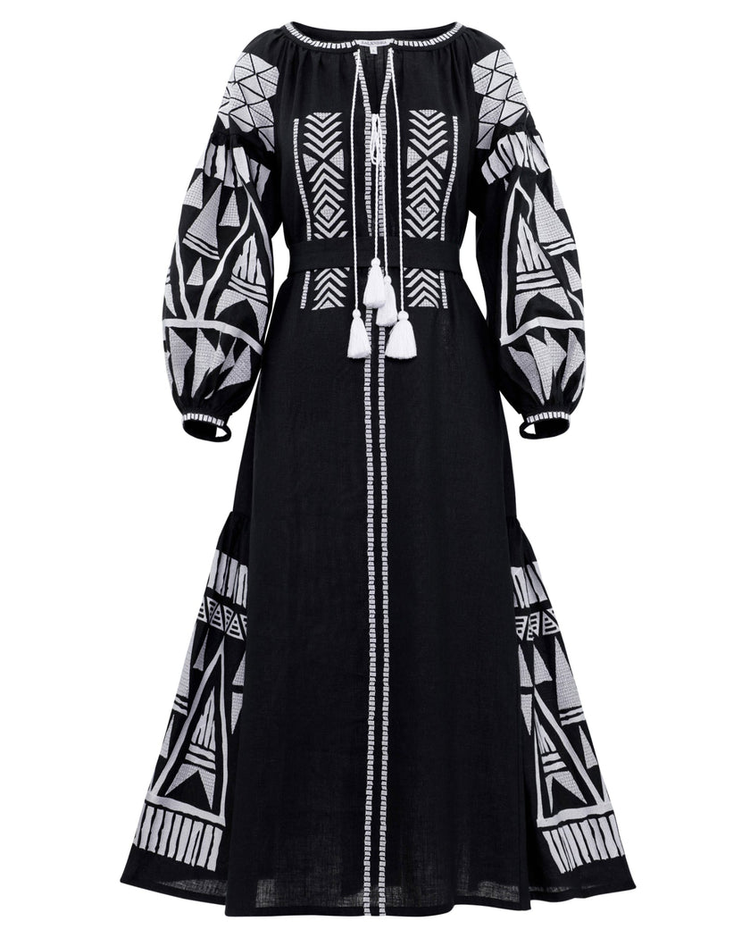 Black linen kaftan maxi dress with white geometric embroidery, balloon sleeves, tassel ties and self-tie belt, full-length view - Zalxndra Resort