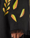 Black linen kaftan maxi dress with yellow and orange leaf embroidery and frayed sleeve trim, embroidery detail view - Zalxndra Resort