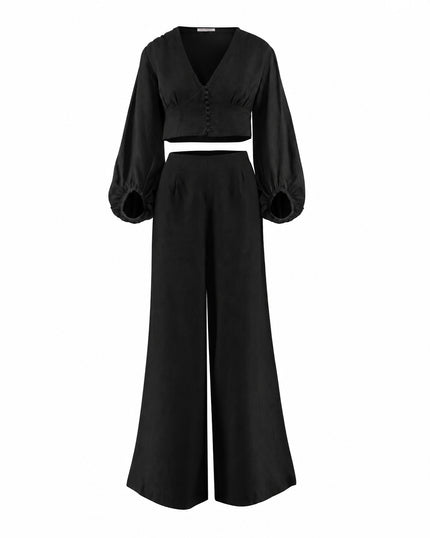 Black Linen V-Neck Crop Top and Palazzo Pants Co-ord Set