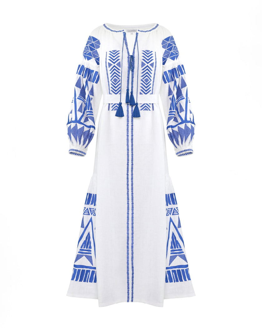 White linen kaftan maxi dress with blue geometric embroidery, balloon sleeves, tassel tie neckline and self-tie belt, front view - Zalxndra Resort