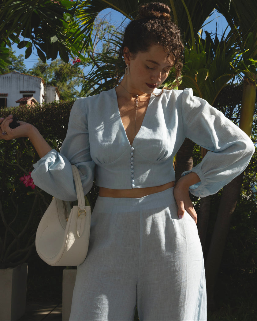 Baby Blue Linen V-Neck Crop Top and Palazzo Pants Co-ord Set