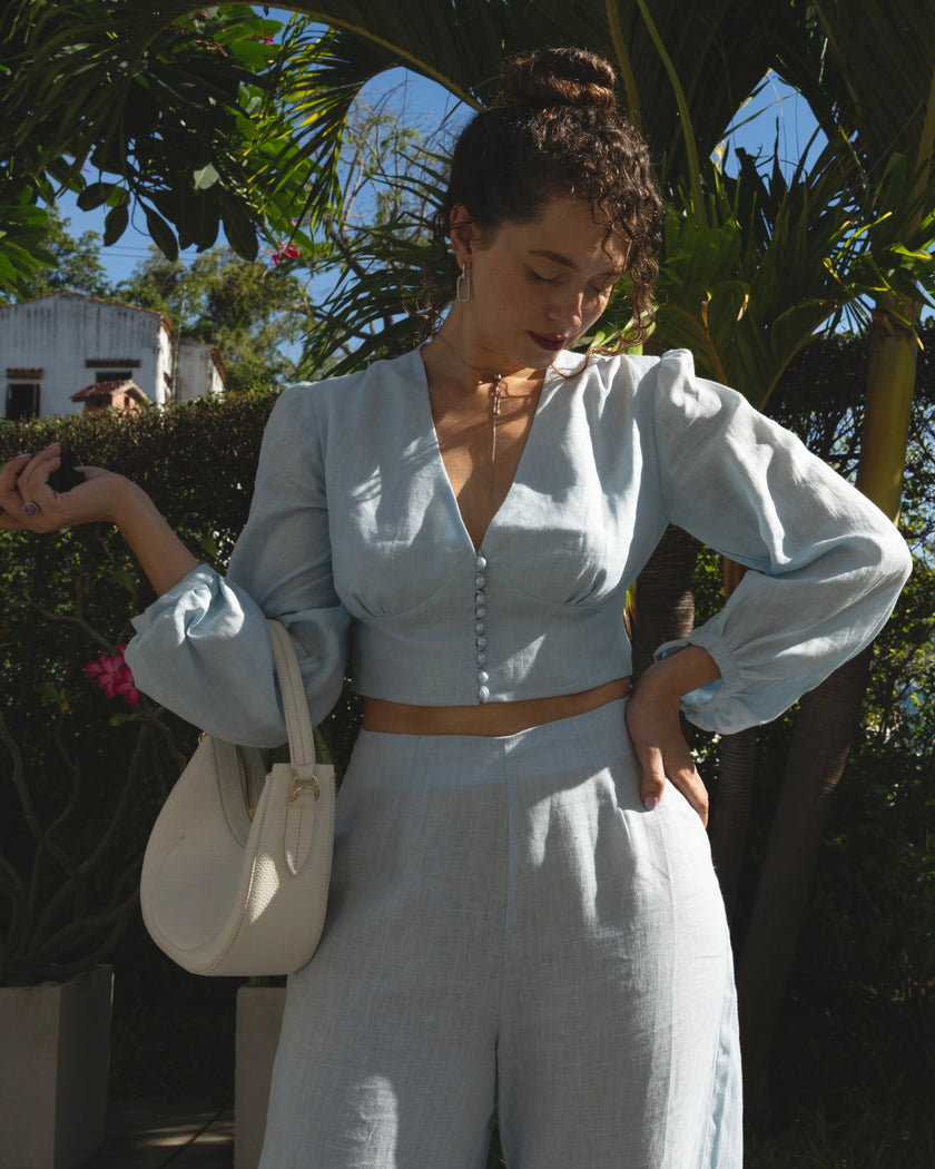 Baby Blue Linen Dress – 3/4 Sleeves | ZALXNDRA